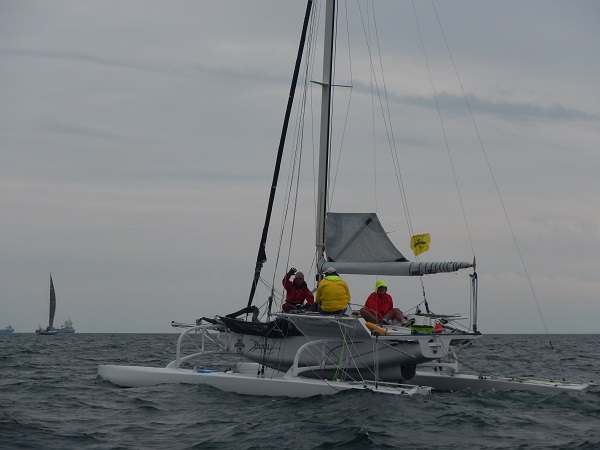 2015 One of the more unusual Mackinac boats prepares
        itself