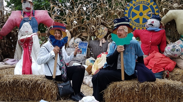 2018 Petrolia Kathy and Eleanor play with Halloween
        decorations