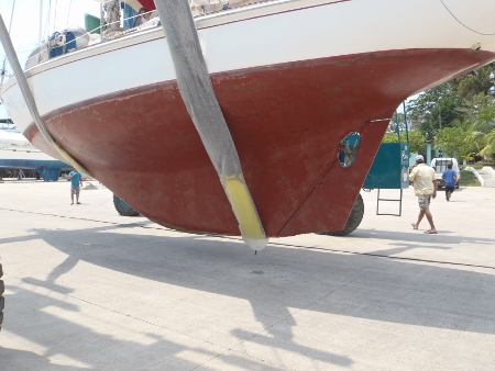 Tundra Hauled and showing her
        modified rudder and prop aperature and 16 inch prop